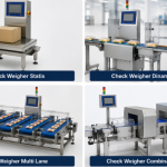 Perbandingan jenis-jenis check weigher industri meliputi statis, dinamis, multi lane, dan combination untuk inspeksi berat produk.