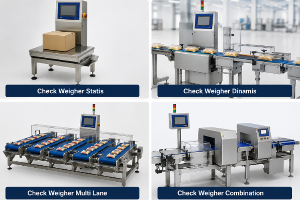 Perbandingan jenis-jenis check weigher industri meliputi statis, dinamis, multi lane, dan combination untuk inspeksi berat produk.